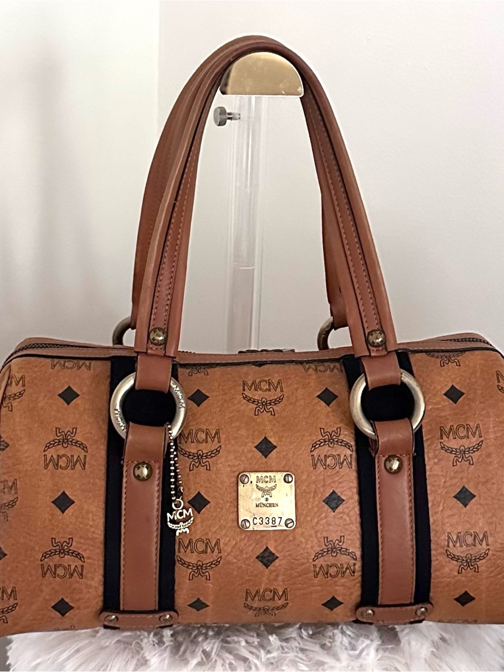 MCM Cognac Visetos Logo Boston Satchel with Black Trim & Charm
